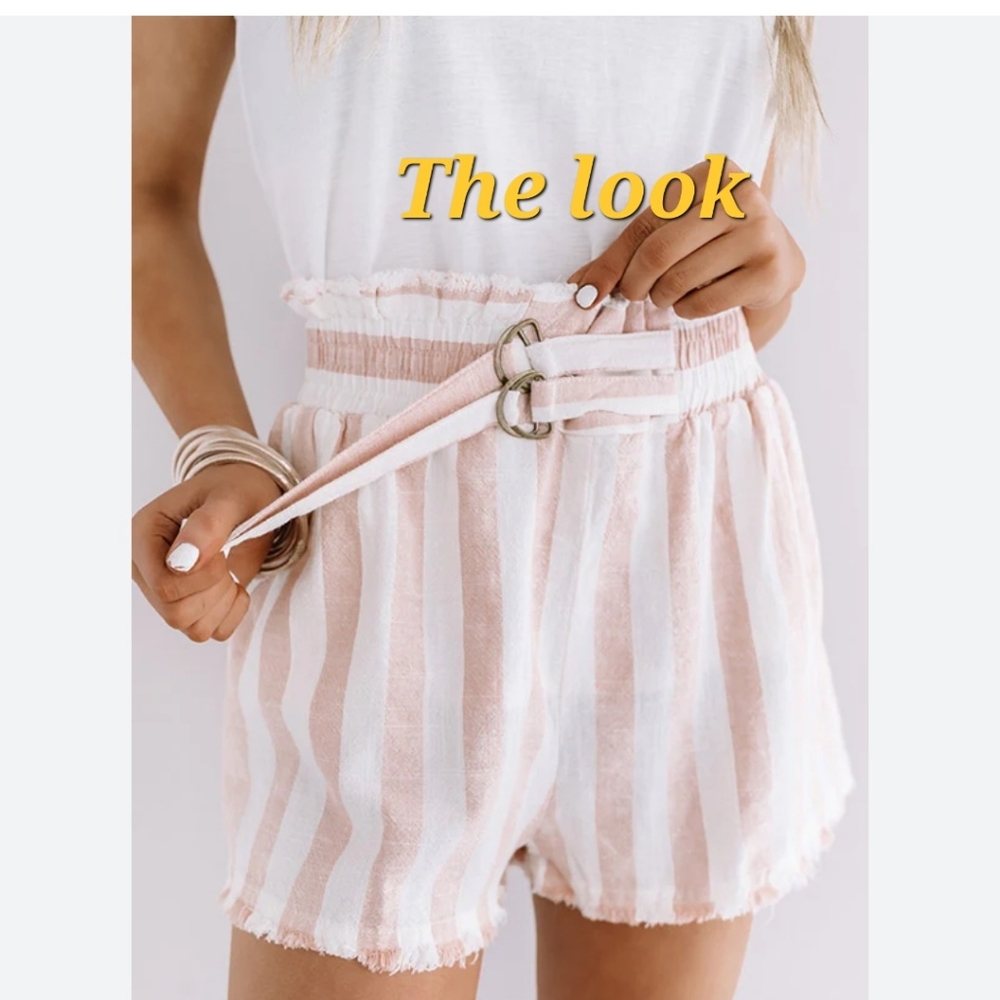 Umgee L linen blend cabana stripes smocked waist eyelash hems pockets